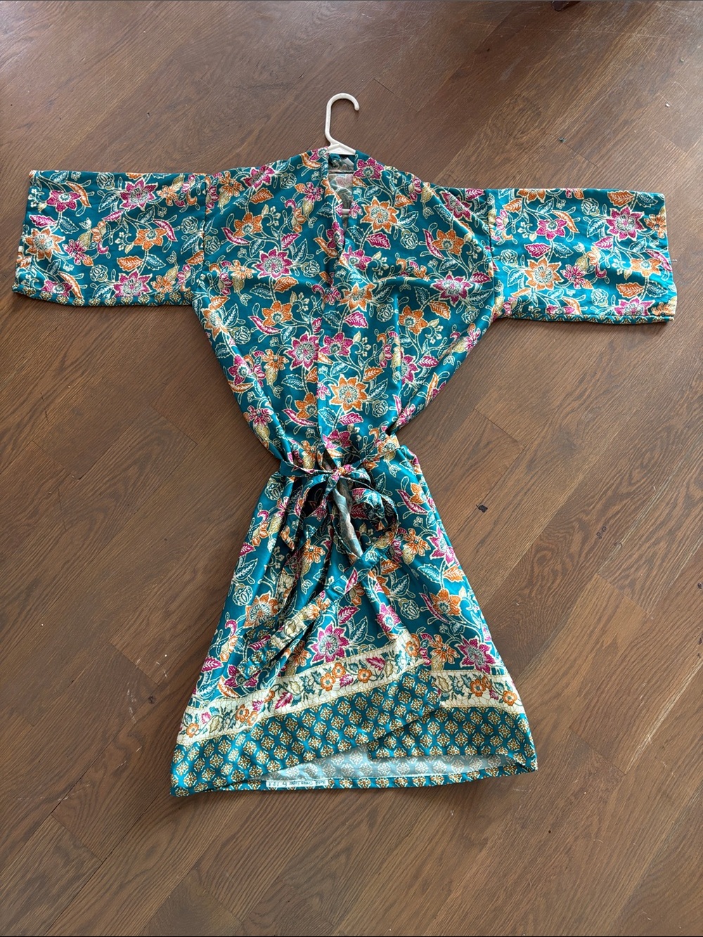 Floral Teal Wrap Robe Kimono with Pink & Orange Accents - 100% Silk